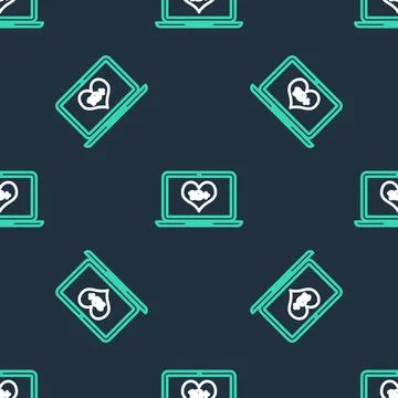 Line Laptop computer with 18 plus content heart icon isolated seamless pattern 스톡 일러스트