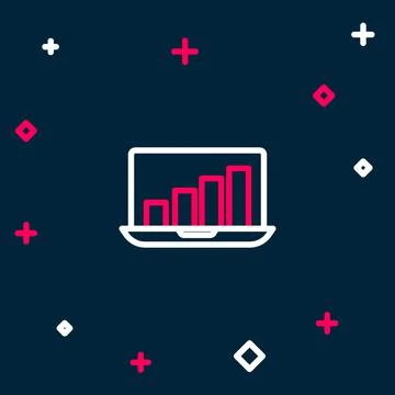 Line Laptop with graph chart icon isolated on blue background. Report text file Stockillustratie
