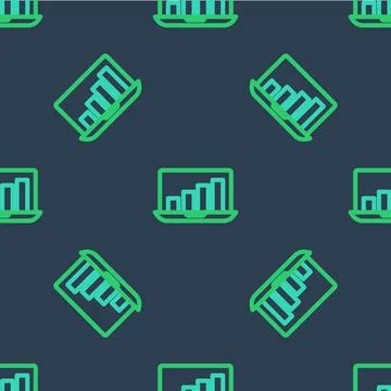 Line Laptop with graph chart icon isolated seamless pattern on blue background Illustrazione stock
