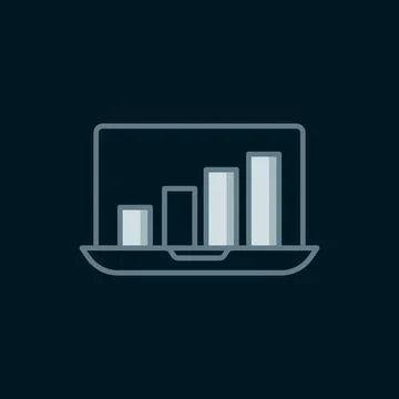 Line Laptop with graph chart icon isolated on black background. Report text.. Stock Illustration