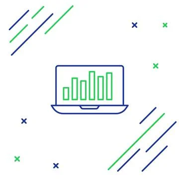 Line Laptop with graph chart icon isolated on white background. Report text.. Stock Illustration