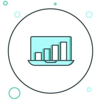 Line Laptop with graph chart icon isolated on white background. Report text.. 스톡 일러스트