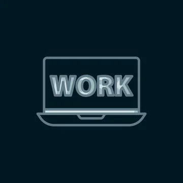 Line Laptop with text work icon isolated on black background. Flat filled o.. Stock Illustration