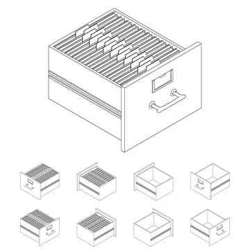 Line large isometric set of drawers with documents. Isometric iron drawer. Stock Illustration
