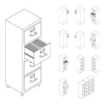 Line large isometric set of drawers with documents. Isometric iron drawer. Stock Illustration