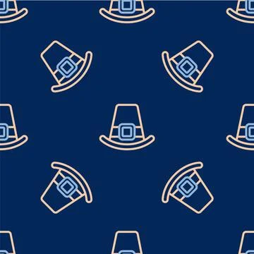 Line Leprechaun hat icon isolated seamless pattern on blue background. Happy  Illustrazione stock