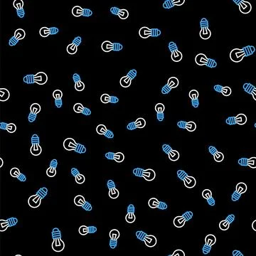 Line Light bulb with concept of idea icon isolated seamless pattern on black Illustrazione stock