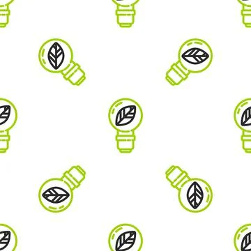 Line Light bulb with leaf icon isolated seamless pattern on white background Illustrazione stock