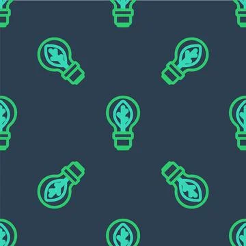 Line Light bulb with leaf icon isolated seamless pattern on blue background. Eco Stock Illustration