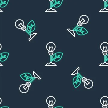 Line Light bulb with leaf icon isolated seamless pattern on black background 스톡 일러스트