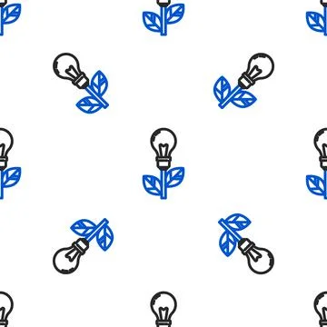 Line Light bulb with leaf icon isolated seamless pattern on white background Stock Illustration