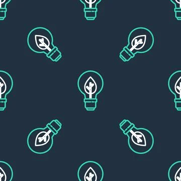 Line Light bulb with leaf icon isolated seamless pattern on black background Stock Illustration