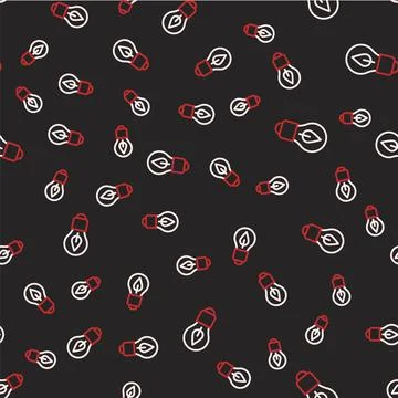 Line Light bulb with leaf icon isolated seamless pattern on black background Stock Illustration