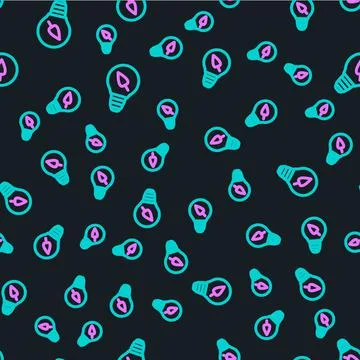Line Light bulb with leaf icon isolated seamless pattern on black background Stockillustratie