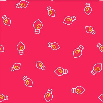 Line Light bulb with leaf icon isolated seamless pattern on red background. Eco Stock Illustration