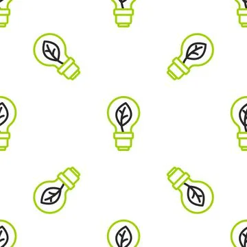 Line Light bulb with leaf icon isolated seamless pattern on white background Illustrazione stock