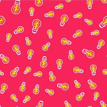 Line Light bulb with leaf icon isolated seamless pattern on red background. E Stock Illustration