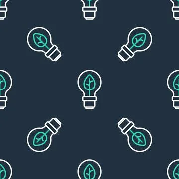 Line Light bulb with leaf icon isolated seamless pattern on black background Stock Illustration