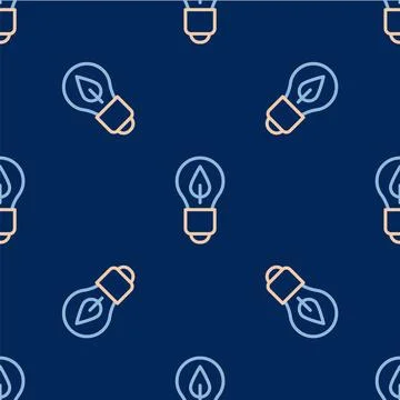 Line Light bulb with leaf icon isolated seamless pattern on blue background. Eco Stock Illustration