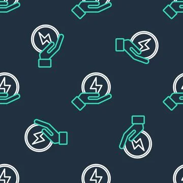Line Lightning bolt icon isolated seamless pattern on black background. Flash Illustrazione stock