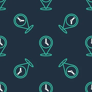 Line Location with clock icon isolated seamless pattern on black background Illustrazione stock