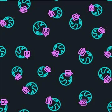 Line Location on the globe icon isolated seamless pattern on black backgrou.. Illustrazione stock