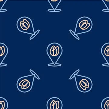 Line Location pin with leaf inside icon isolated seamless pattern on blue b.. Illustrazione stock