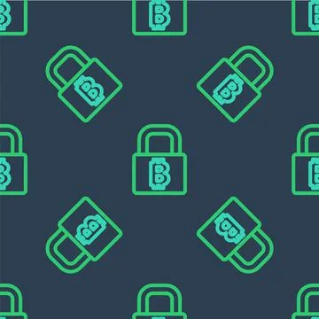 Line Lock with bitcoin icon isolated seamless pattern on blue background Illustrazione stock