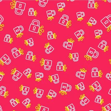 Line Lock with bitcoin icon isolated seamless pattern on red background Stock Illustration