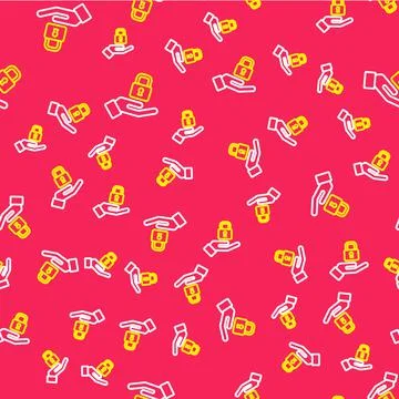 Line Lock in hand icon isolated seamless pattern on red background. Padlock sign Illustrazione stock