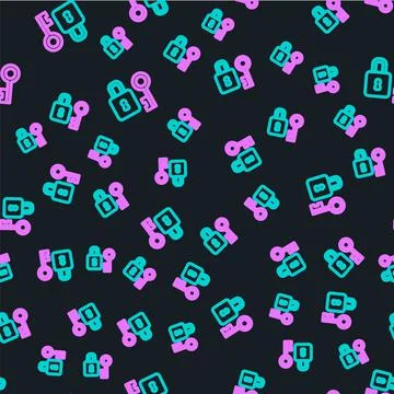 Line Lock with key icon isolated seamless pattern on black background. Love Illustrazione stock