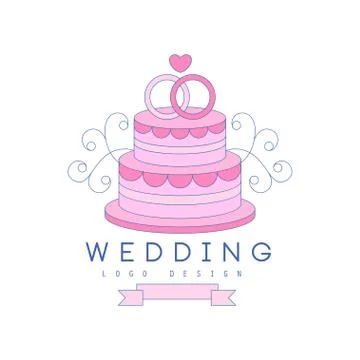 Line logo design with wedding cake and rings on top 스톡 일러스트
