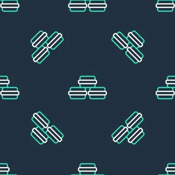 Line Macaron cookie icon isolated seamless pattern on black background. Macaroon 스톡 일러스트