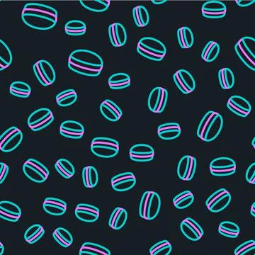 Line Macaron cookie icon isolated seamless pattern on black background. Macaroon 스톡 일러스트