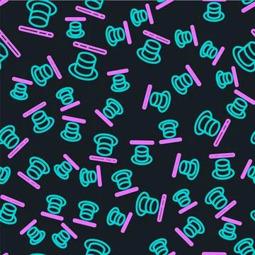 Line Magic hat and wand icon isolated seamless pattern on black background Illustrazione stock