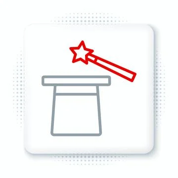 Line Magic hat and wand icon isolated on white background. Magic trick. Mys.. Stock Illustration