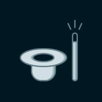 Line Magic hat and wand icon isolated on black background. Magic trick. Mys.. Stock Illustration