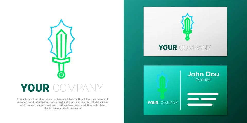 Line Magic sword in fire icon isolated on white background. Fiery sword. Magic Stock Illustration
