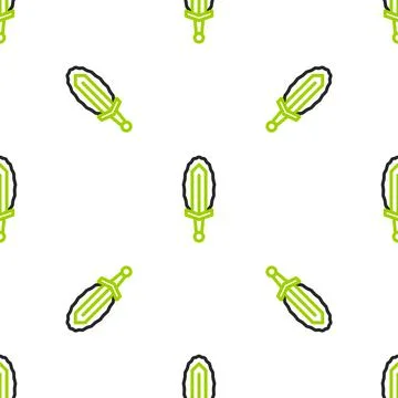 Line Magic sword in fire icon isolated seamless pattern on white background Stock Illustration