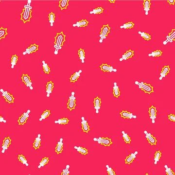 Line Magic sword in fire icon isolated seamless pattern on red background. Fiery Stock Illustration
