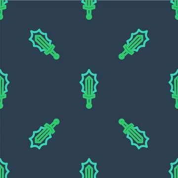 Line Magic sword in fire icon isolated seamless pattern on blue background Stockillustratie