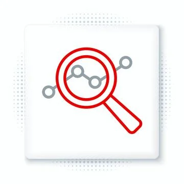 Line Magnifying glass and data analysis icon isolated on white background. .. Illustrazione stock