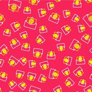 Line Mail and e-mail icon isolated seamless pattern on red background. Envelope 스톡 일러스트