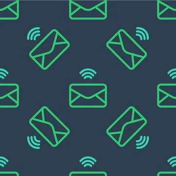 Line Mail and e-mail icon isolated seamless pattern on blue background. Envelope 스톡 일러스트