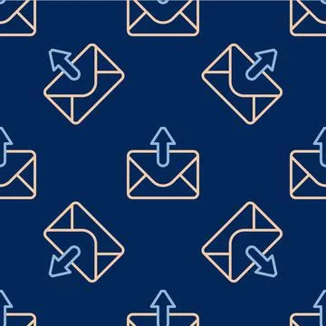 Line Mail and e-mail icon isolated seamless pattern on blue background. Envelope Stock Illustration