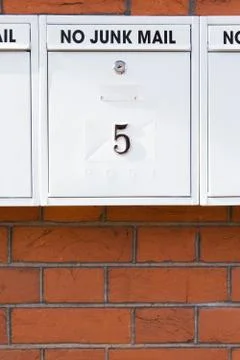 Line Of Mailboxes With No Junk Mail Notice Foto stock