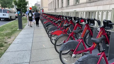 Line of many shared bicycles in Washington DC, commute, transportation Stock Footage 280348429
