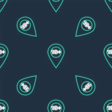 Line Map pointer with 18 plus icon isolated seamless pattern on black background Stockillustratie