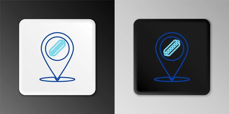 Line Map pointer with fast food hotdog icon isolated on grey background. Sausage Illustrazione stock