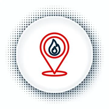 Line Map pointer with fire flame icon isolated on white background. Fire nearby Stock Illustration